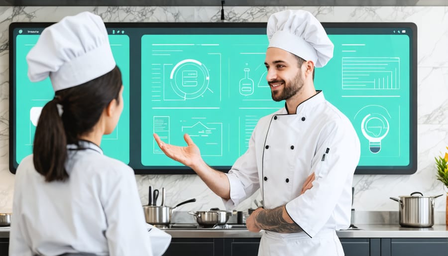 Chef reviewing sustainability metrics on a digital dashboard in modern kitchen