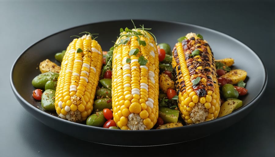 Modern fine dining presentation of traditional Three Sisters ingredients with corn puree, heritage beans, and roasted squash