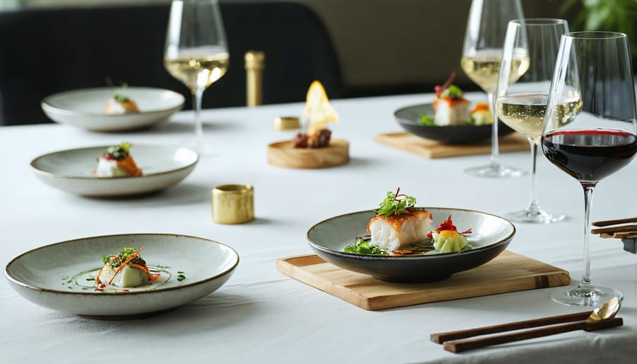 Sophisticated table setting with contemporary Asian dishes and carefully selected wine pairings