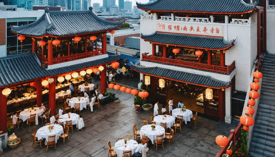 Vibrant nighttime scene of Toronto's Chinatown featuring contemporary restaurants with traditional Chinese facades