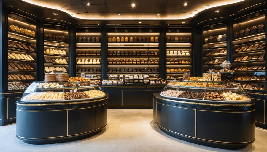 Modern chocolate shop interior with glass display cases showing artisanal chocolate-fruit confections