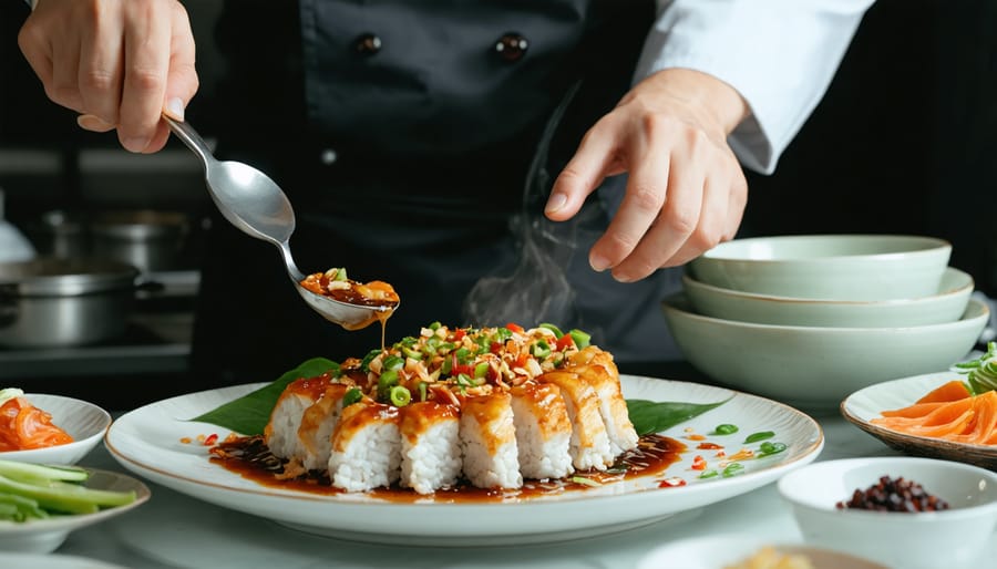 Chef carefully arranging an artistic fusion dish with traditional Asian ingredients and modern European presentation