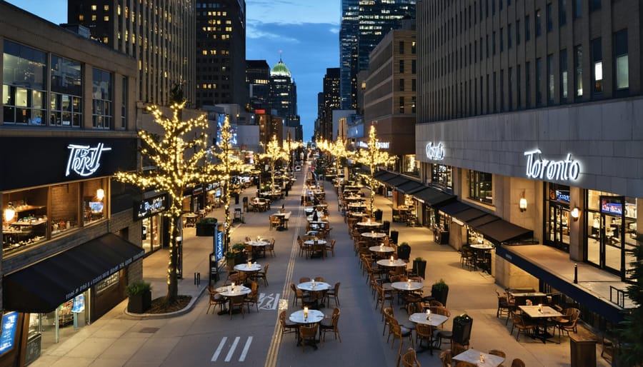 Nighttime aerial view of Toronto's vibrant restaurant scene with illuminated patios and street dining