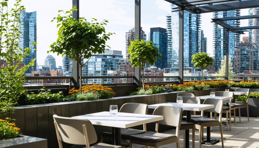 Urban rooftop garden featuring rows of vegetables and herbs with Toronto's CN Tower visible