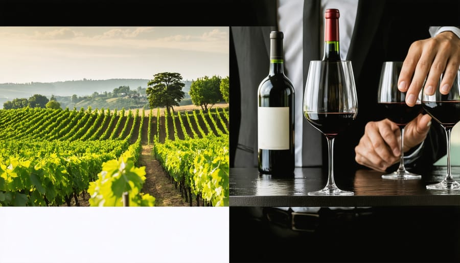 Virtual reality wine experience showing both digital vineyard tour and real-world wine service