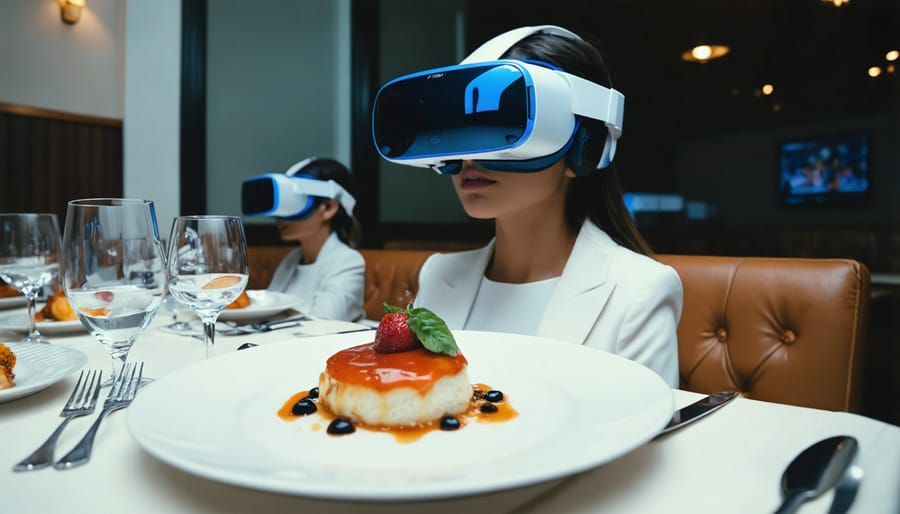 Fine dining customer experiencing virtual reality enhancement while elegant food is served