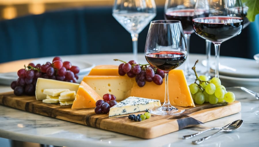 Sophisticated wine tasting setup with assorted cheeses on wooden boards and crystal wine glasses in an upscale Yorkville setting