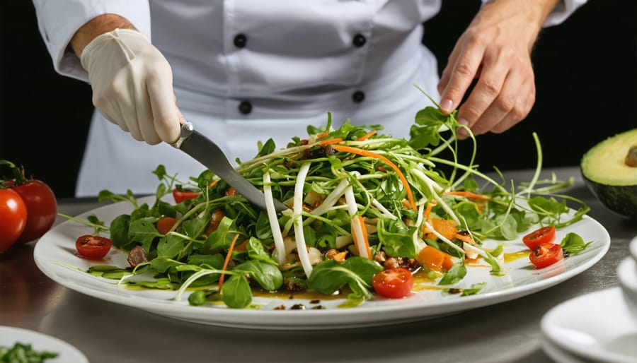 Chef creating an elegant dish using zero-waste cooking techniques with vegetable stems and roots