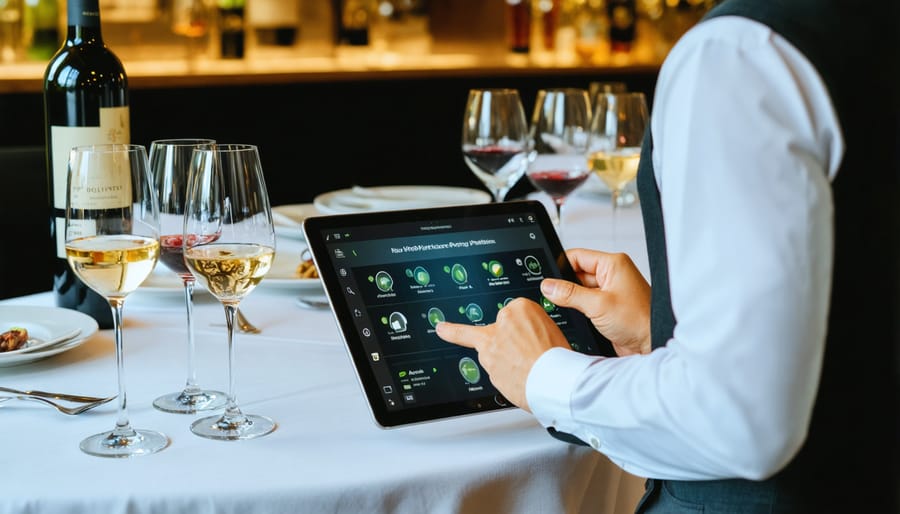 Professional sommelier consulting AI-powered wine pairing system on tablet in upscale restaurant