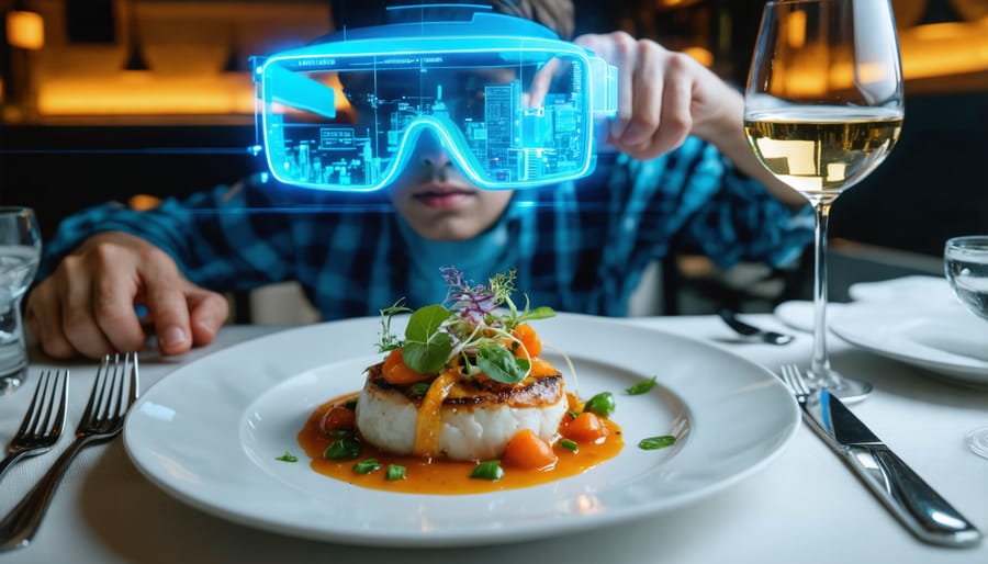 Person wearing AR headset experiencing an augmented reality food presentation at a fine dining restaurant