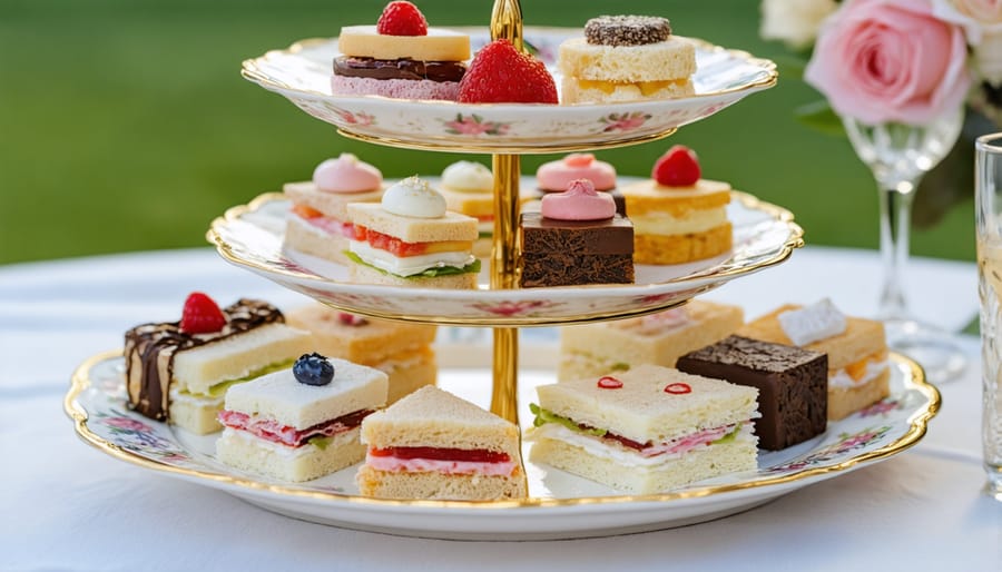 Traditional afternoon tea food selection including finger sandwiches and pastries on tiered stand