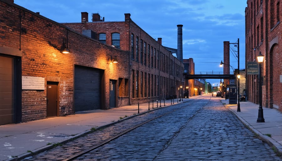 Toronto's Distillery District historic buildings and restaurants at night