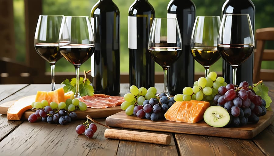 Professional wine tasting display with local estate wines, cheese board, and seasonal fruits