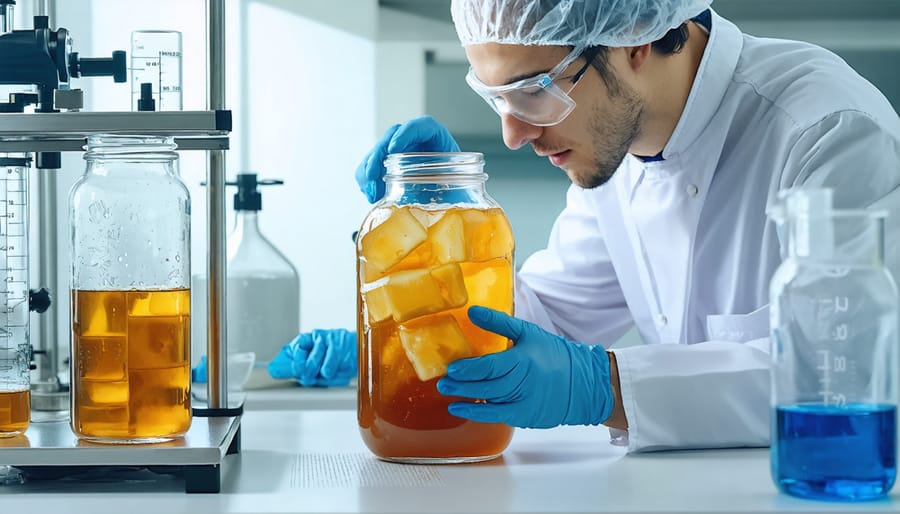 Master fermenter inspecting a healthy kombucha SCOBY in a professional setting