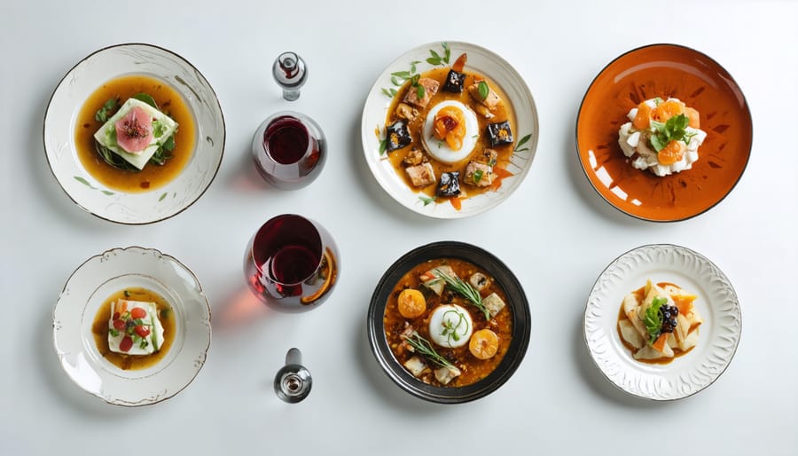 Artistically plated fermented dishes with paired wines in an upscale setting