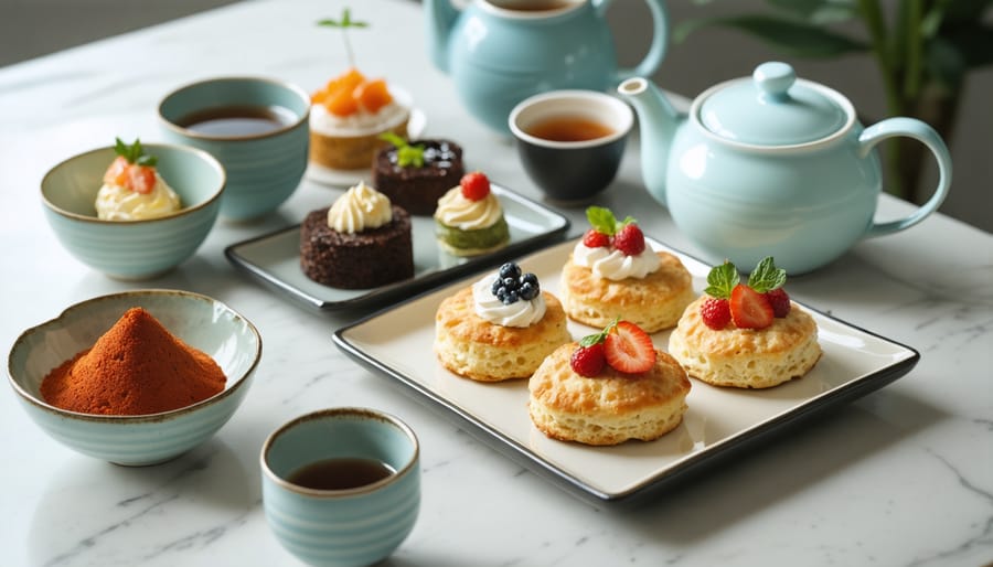 Contemporary fusion afternoon tea presentation with East-meets-West pastries and treats