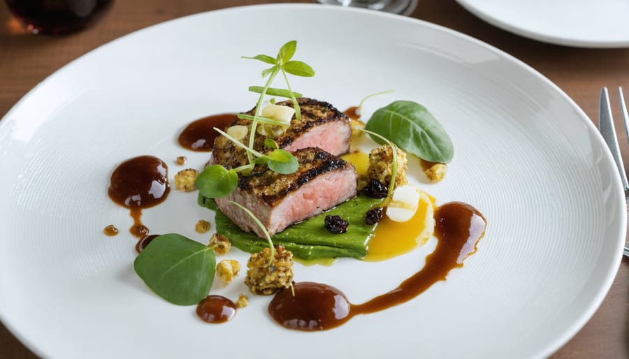 Gourmet dish paired with fine wine on an elegant table setting