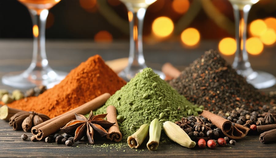 Assorted Indian spices displayed with wine glasses in background