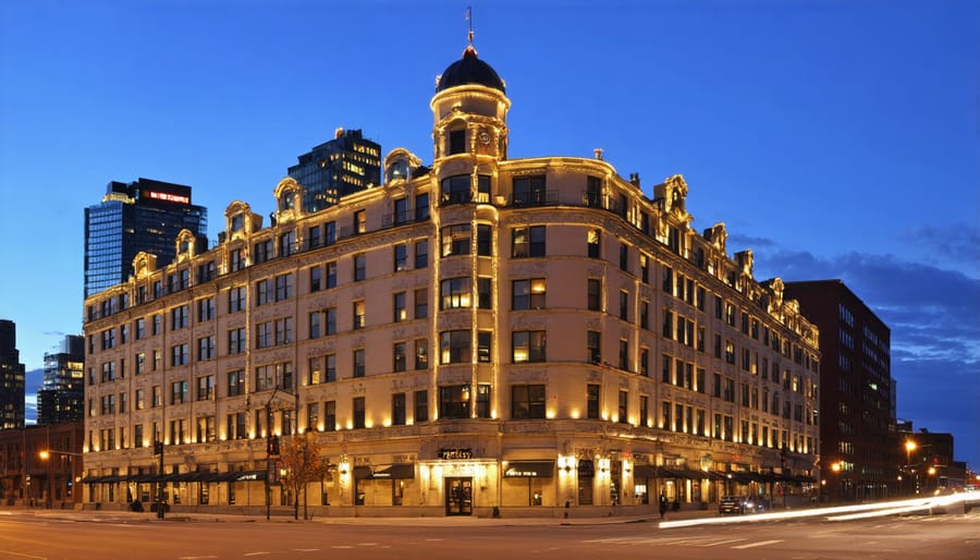Historic King Edward Hotel Toronto illuminated at twilight showing Victorian architecture