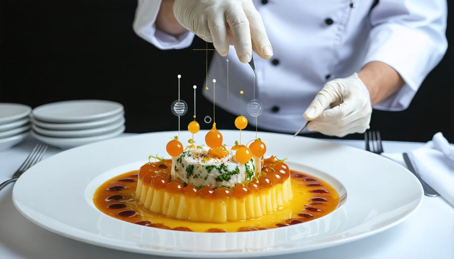 Chef creating molecular gastronomy dish with interactive lighting controlled by diner