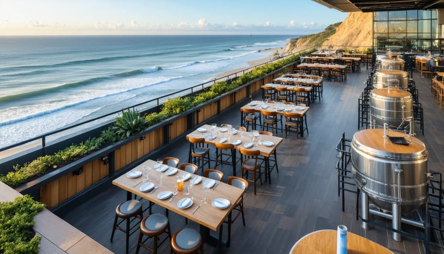Panoramic view of O.B. Brewery's rooftop restaurant with Pacific Ocean backdrop