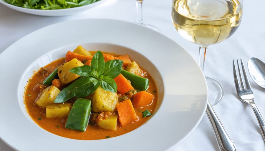 Glass of Riesling wine paired with colorful Indian vegetable curry