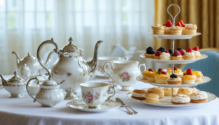 Luxurious afternoon tea setup at the Ritz-Carlton Toronto with traditional service ware and pastries