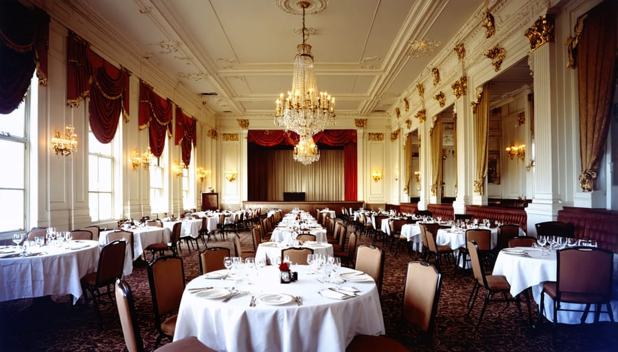 Historical black and white image of the Royal York Hotel's Imperial Room featuring Art Deco décor and entertainment stage