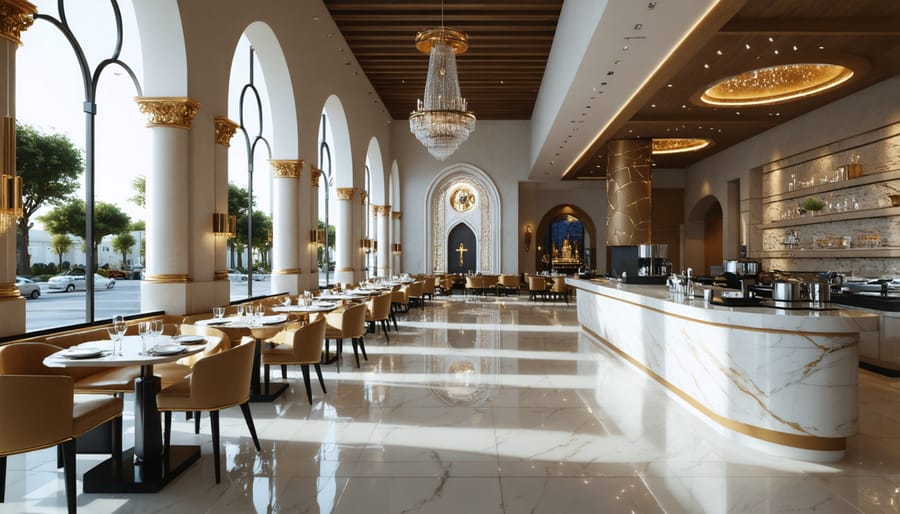 Contemporary restaurant featuring gothic arches and stained glass elements