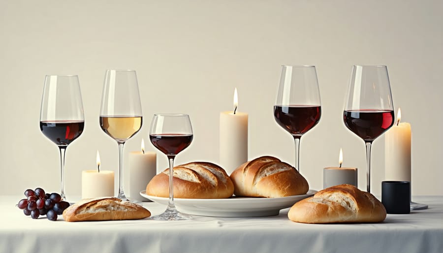 Ceremonial wine vessels and artisanal bread arranged on ornate table
