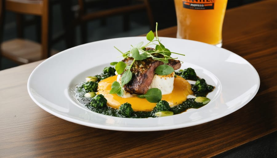 Gourmet dish plated alongside paired craft beer at O.B. Brewery