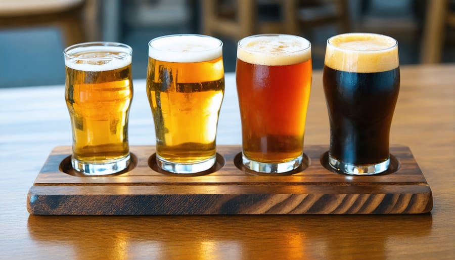 Beer flight featuring four O.B. Brewery craft beers in tasting glasses