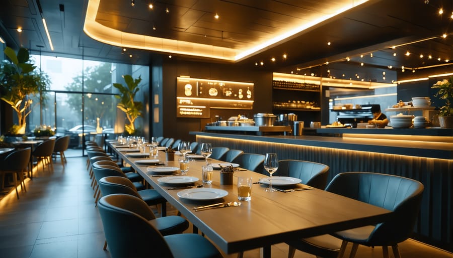 High-tech restaurant interior featuring smart lighting and interactive dining interfaces