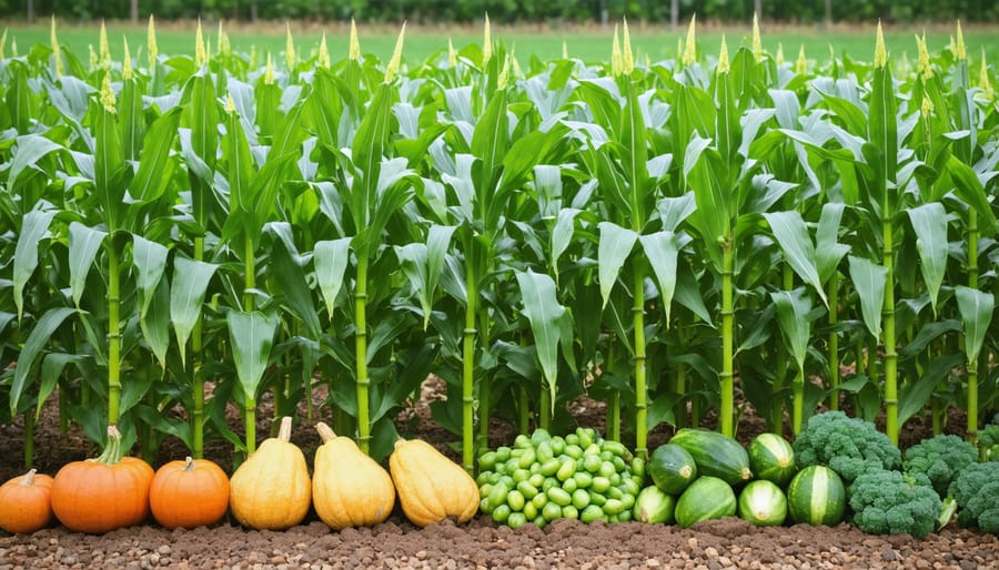 Demonstration of Three Sisters companion planting with corn, beans, and squash