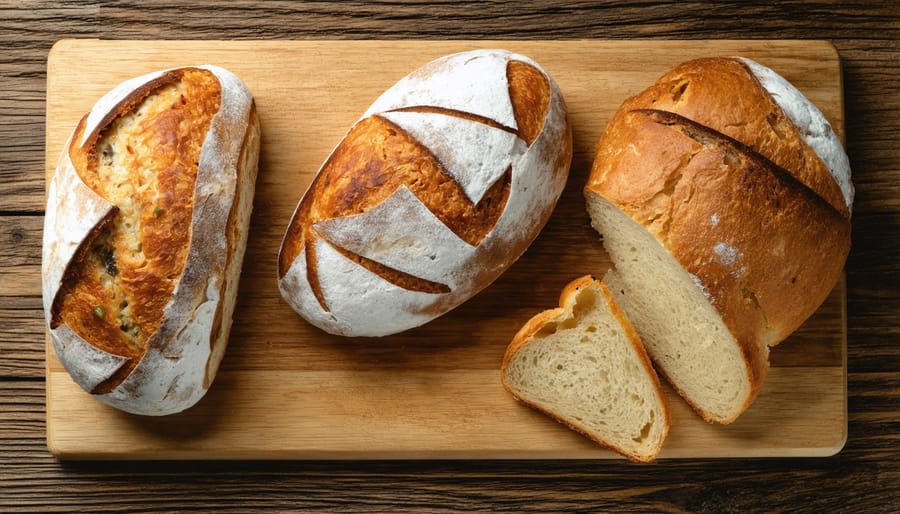 Display of freshly baked sourdough breads with fermented butter and preserves