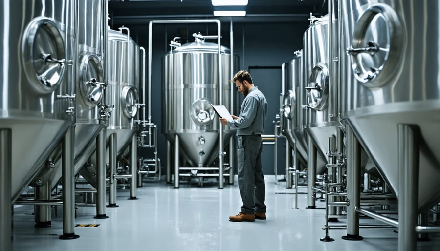Professional brewmaster monitoring stainless steel fermentation tanks in Toronto brewery