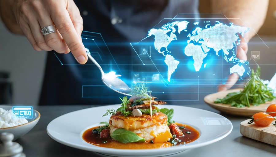 Chef presenting a fine dining dish with augmented reality elements showing ingredient information