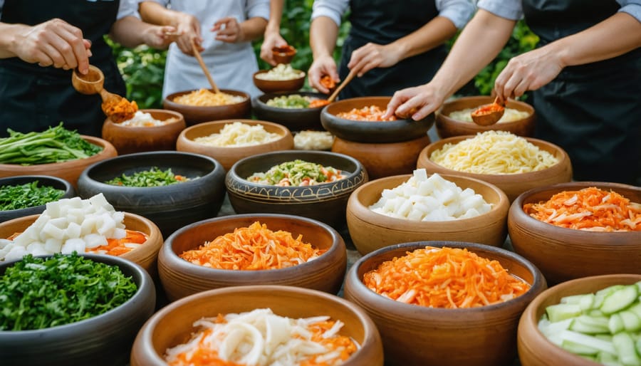Hands-on kimchi making workshop with students and instructor around a large preparation table