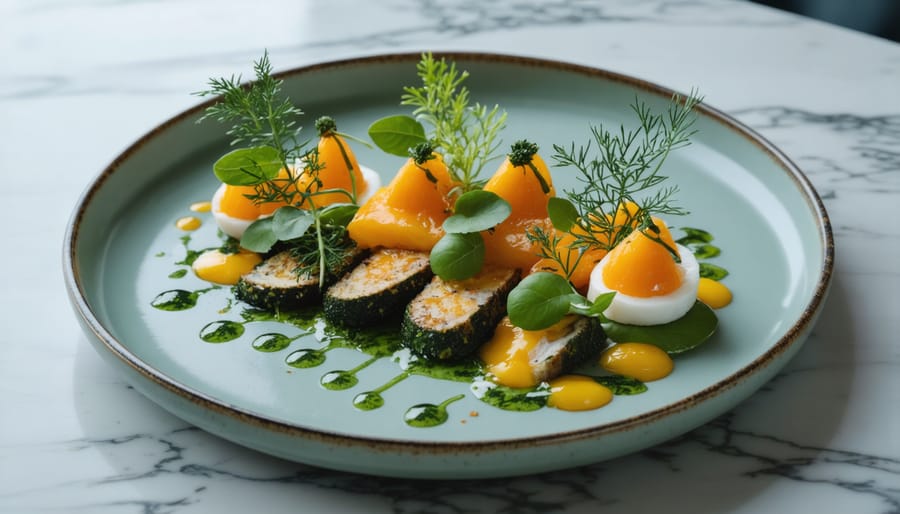 Modern fine dining plate with geometric presentation and local Ontario ingredients