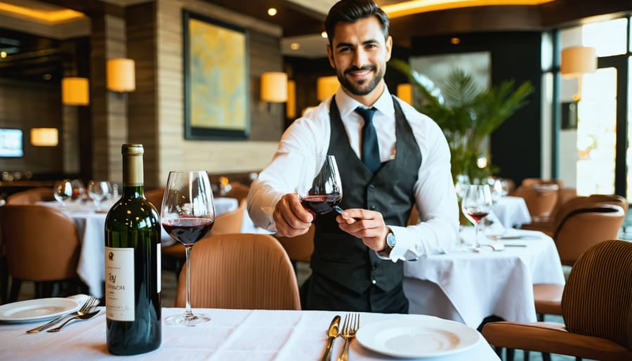 Sommelier serving wine in contemporary Indian restaurant setting
