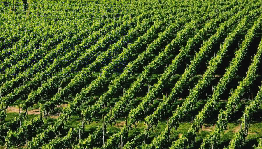 Bird's eye view of an organic vineyard with cover crops and solar panels visible between vine rows