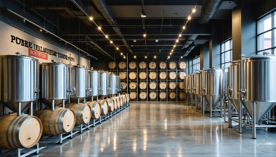 Modern urban winery interior with fermentation tanks and oak barrels