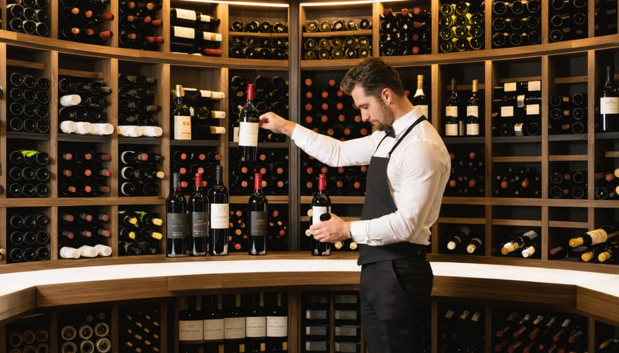 Professional sommelier managing extensive wine collection in upscale restaurant cellar