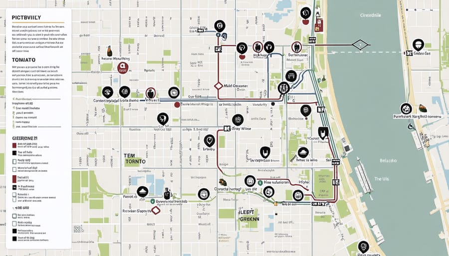 Illustrated map showing Toronto's food and wine trail routes with notable restaurants and wineries marked
