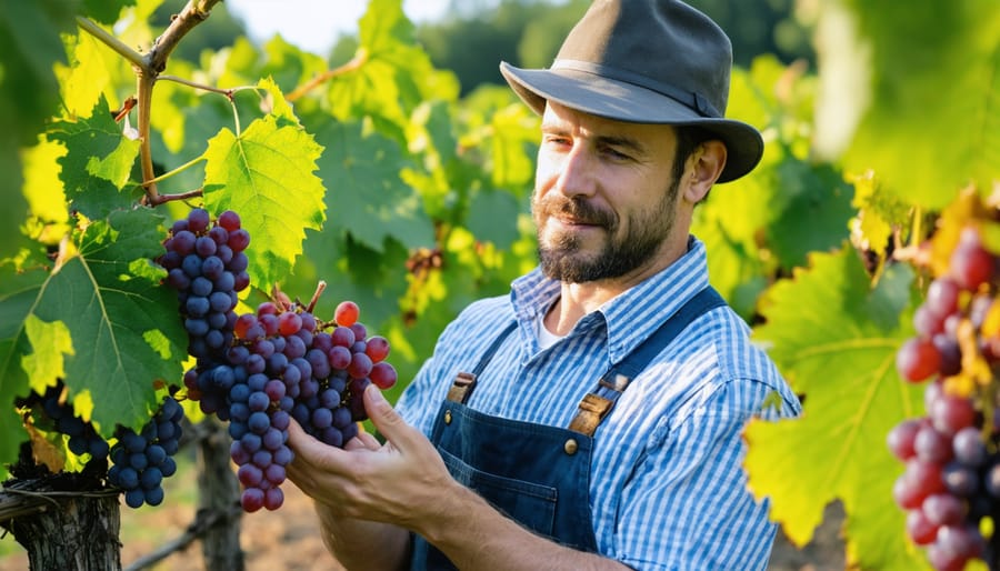 Female vintner in vineyard inspecting ripe grape clusters while taking notes