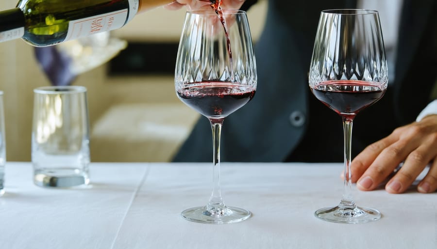 Master Sommelier evaluating wine color and clarity by tilting a wine glass at a 45-degree angle