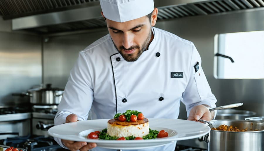 Executive chef carefully plating gourmet food in a cargo ship's kitchen
