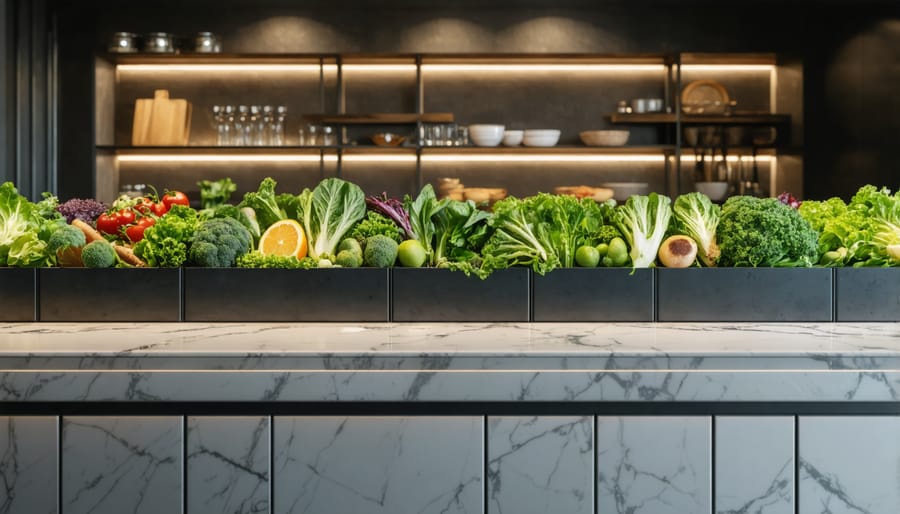 High-end kitchen composting system with stainless steel finish integrated into counter design