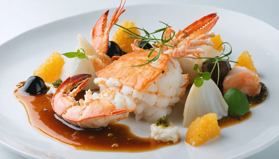 Gourmet seafood dish with global fusion elements served on a cargo ship