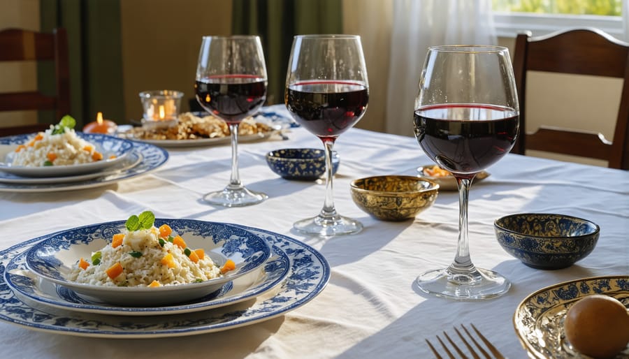 Passover Seder table displaying four ceremonial wine cups, Haggadah, and traditional items